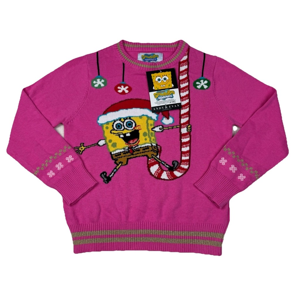 Spongebob Squarepants Andy Evan Kids Pink Christmas Jacquard Sweater Size 5